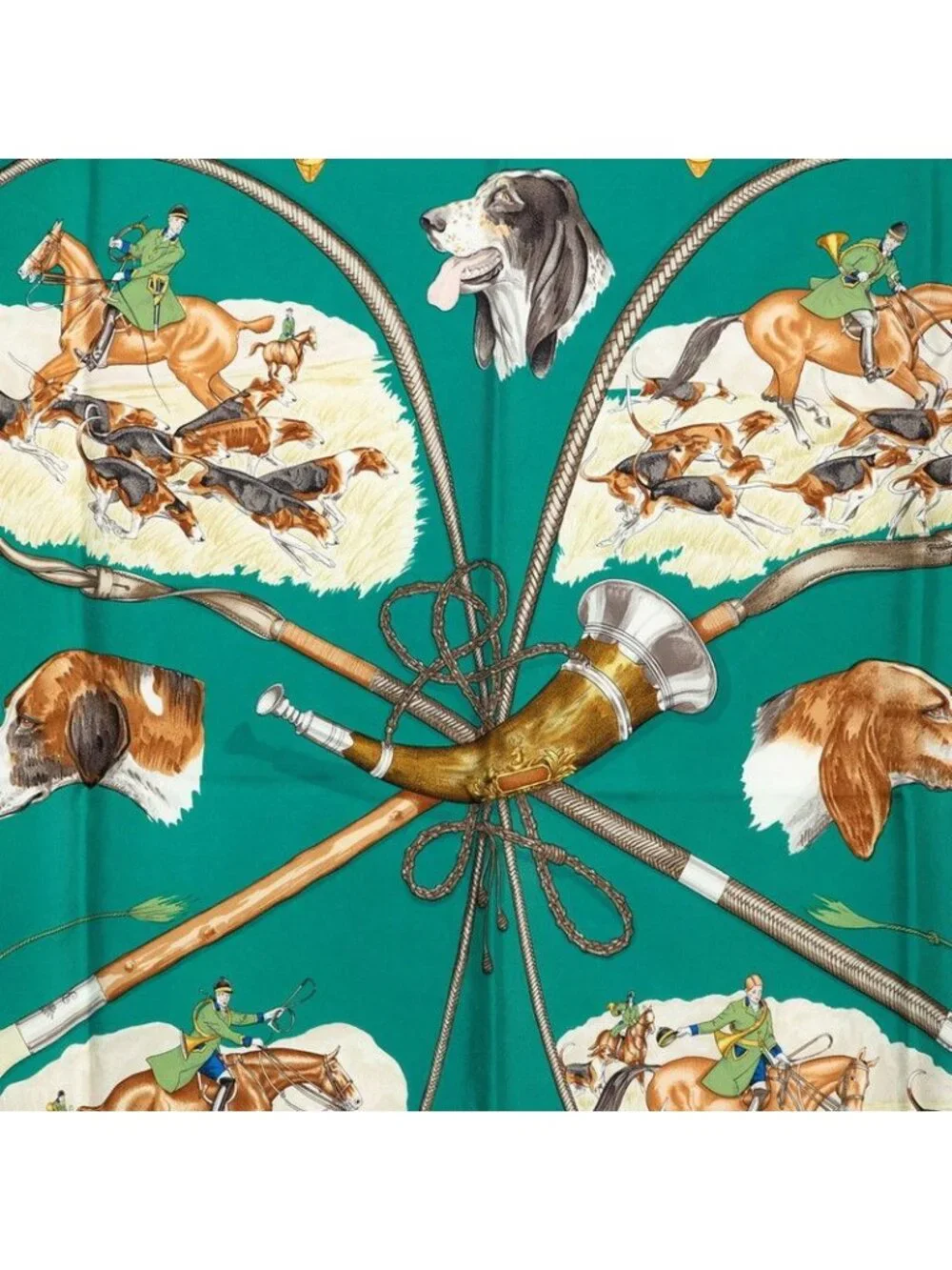 Hermes Carre 90 le Laisser Courre Hound Scarf Green Multicolor Silk - Picture 3 of 8